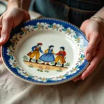 Mains tenant une faïence Henriot Quimper peinte à la main, représentant un personnage breton traditionnel, posée sur une table en bois rustique avec un catalogue de vente aux enchères en arrière-plan
