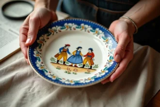 Mains tenant une faïence Henriot Quimper peinte à la main, représentant un personnage breton traditionnel, posée sur une table en bois rustique avec un catalogue de vente aux enchères en arrière-plan