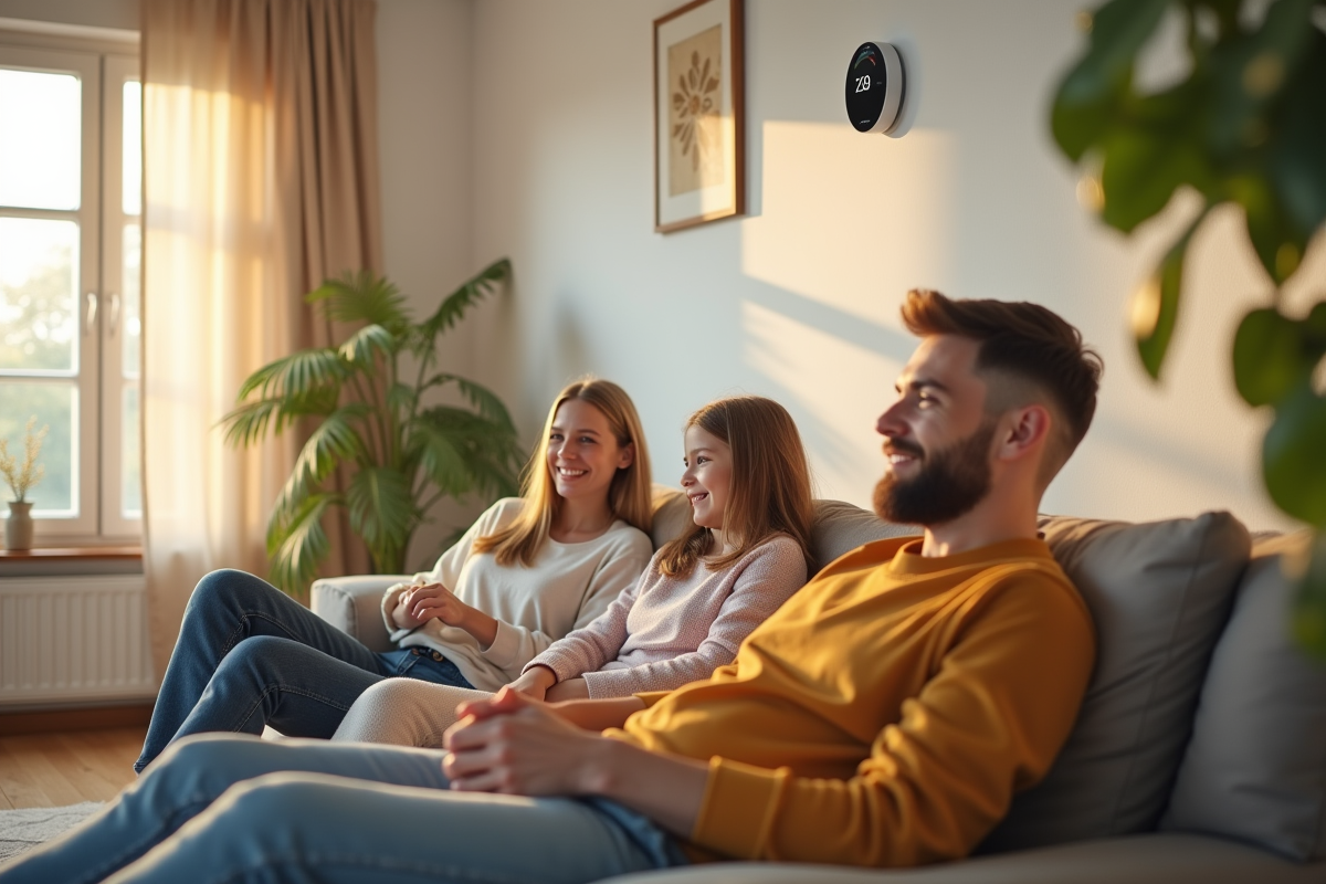 Famille détendue dans un salon lumineux avec thermostat mural