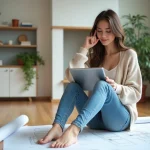 Femme planifiant la rénovation avec plans et tablette