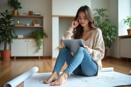 Femme planifiant la rénovation avec plans et tablette