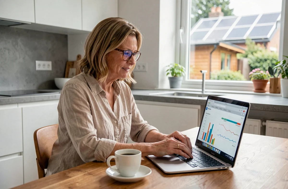 Femme analysant ses données de consommation énergétique pour améliorer son taux d'autoconsommation solaire
