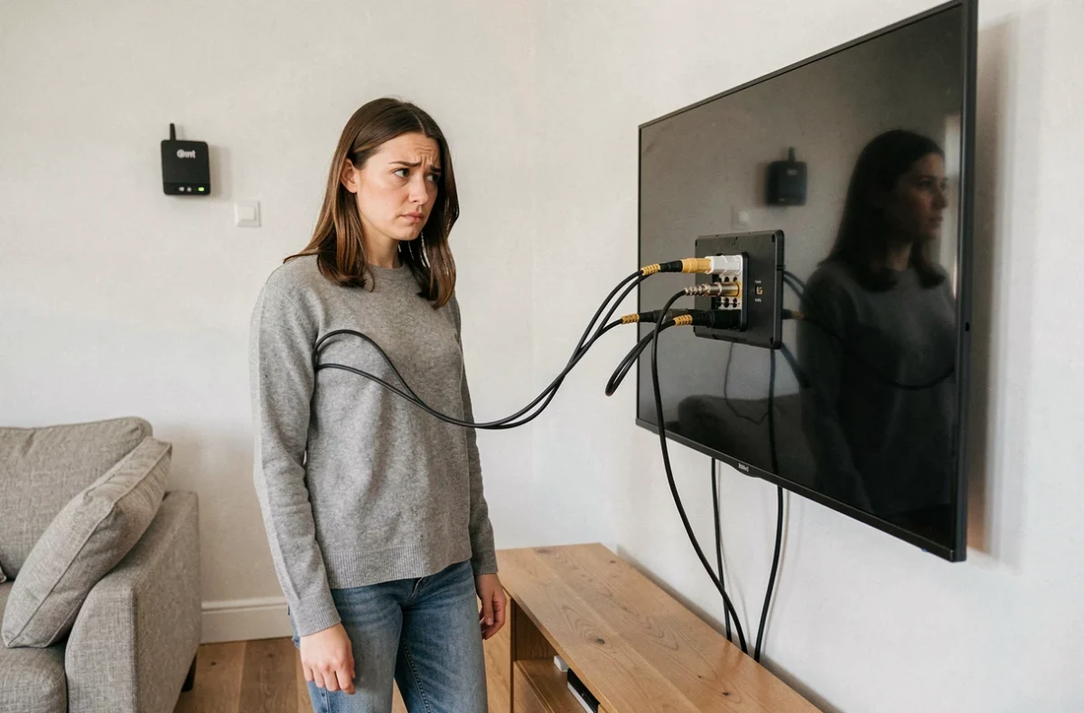 Femme inspectant les câbles coaxiaux mal branchés derrière une télévision avec amplificateur TNT dans un salon