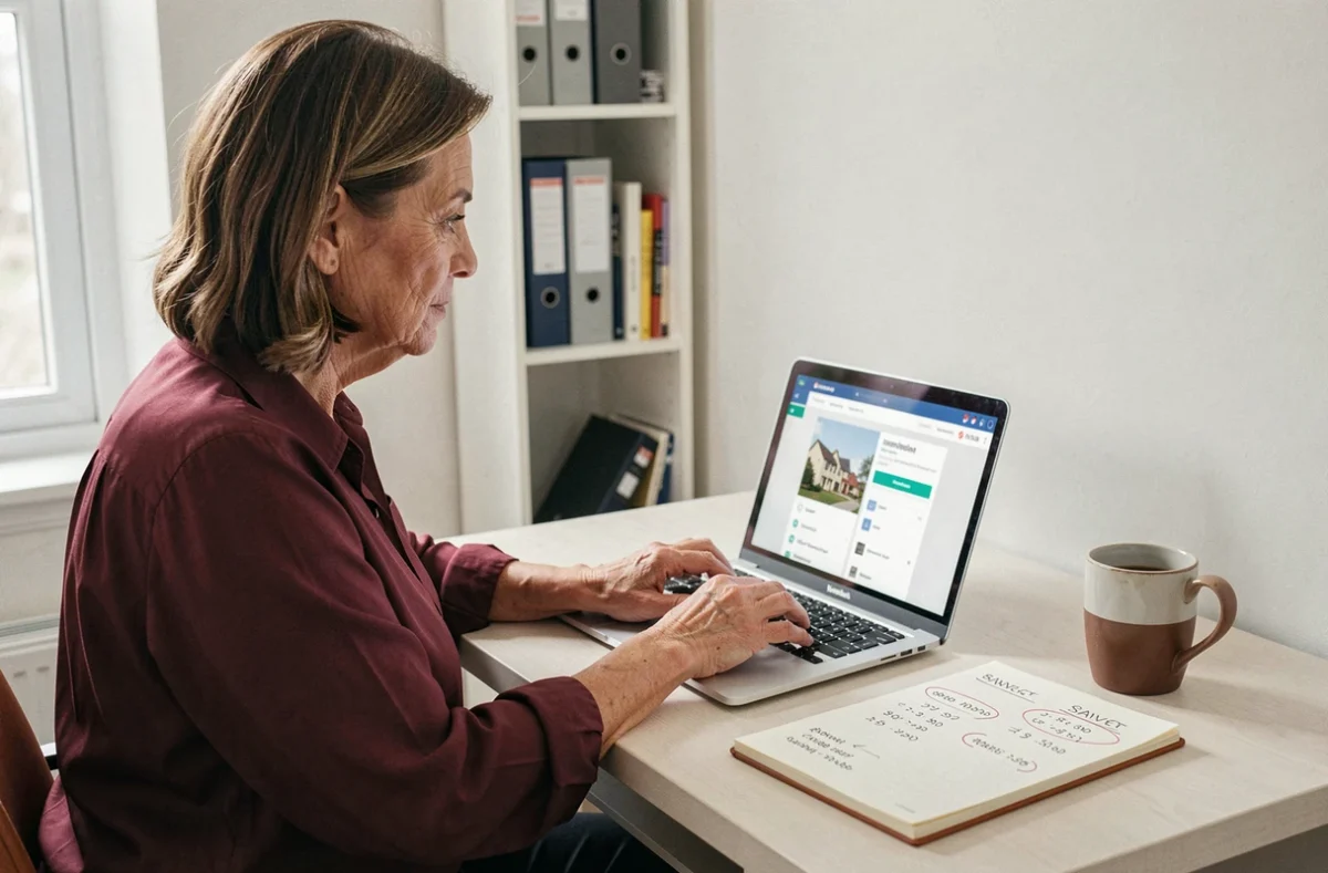 Femme calculant ses économies sur des travaux grâce aux devis en ligne et aux aides financières de l'État