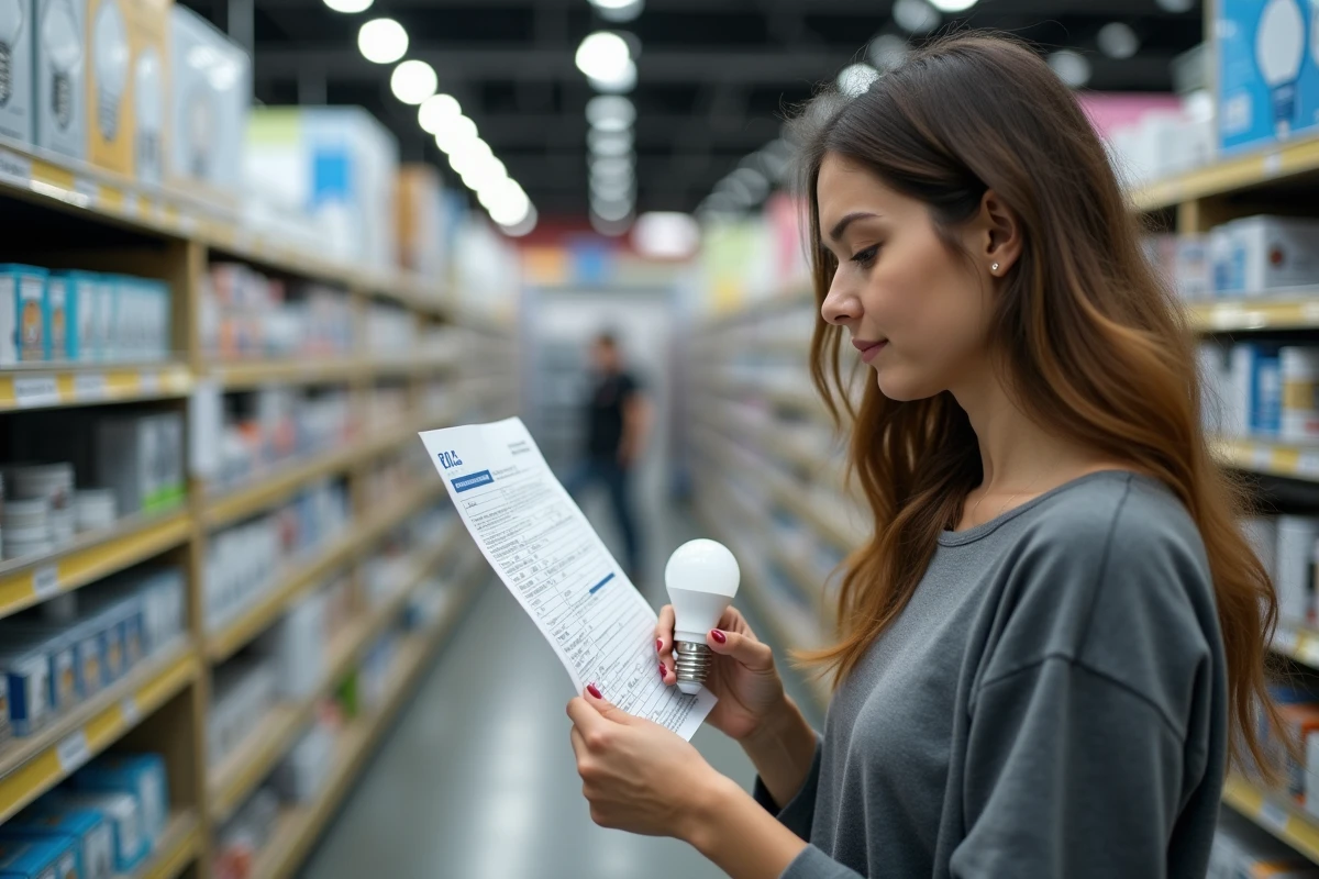 Jeune femme comparant une ampoule LED E14 en magasin