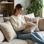 Jeune femme ajustant des coussins dans un salon scandinave chaleureux