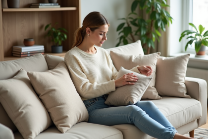 Jeune femme ajustant des coussins dans un salon scandinave chaleureux