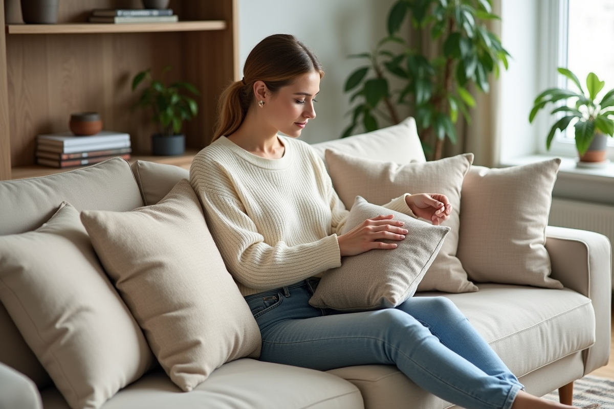 Jeune femme ajustant des coussins dans un salon scandinave chaleureux