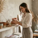 Jeune femme arrangeant des objets décoratifs artisanaux sur une étagère en bois blanc dans un intérieur scandinave épuré