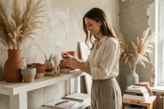 Jeune femme arrangeant des objets décoratifs artisanaux sur une étagère en bois blanc dans un intérieur scandinave épuré