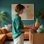 Femme arrangeant des vases en céramique dans un salon moderne