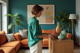 Femme arrangeant des vases en céramique dans un salon moderne