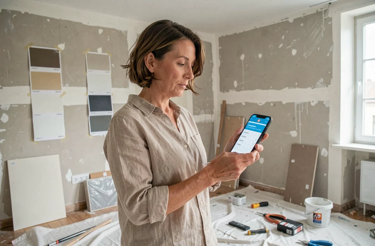 Femme consultant un site de devis travaux sur smartphone dans un salon en cours de rénovation