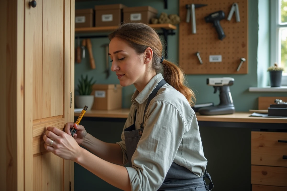 Femme dévissant une vis à pas standard sur une charnière en laiton avec un tournevis plat