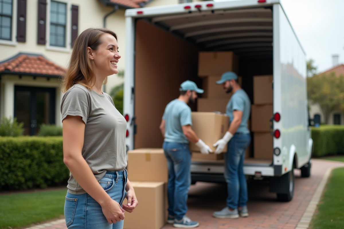 Femme souriante regardant des déménageurs chargeant des cartons dans un van