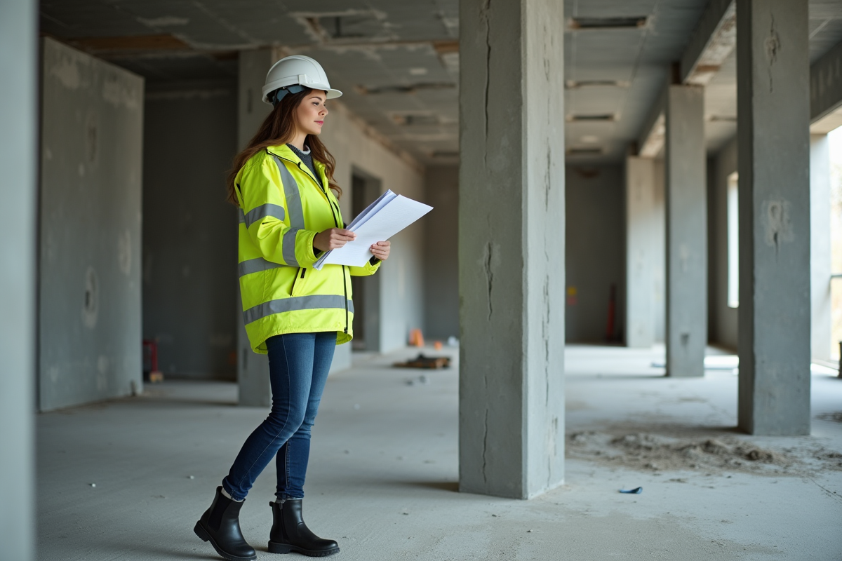 Ingénieure en construction examinant des plans sur site