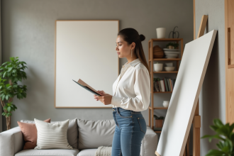 Femme analysant un échantillon de couleur dans un salon moderne