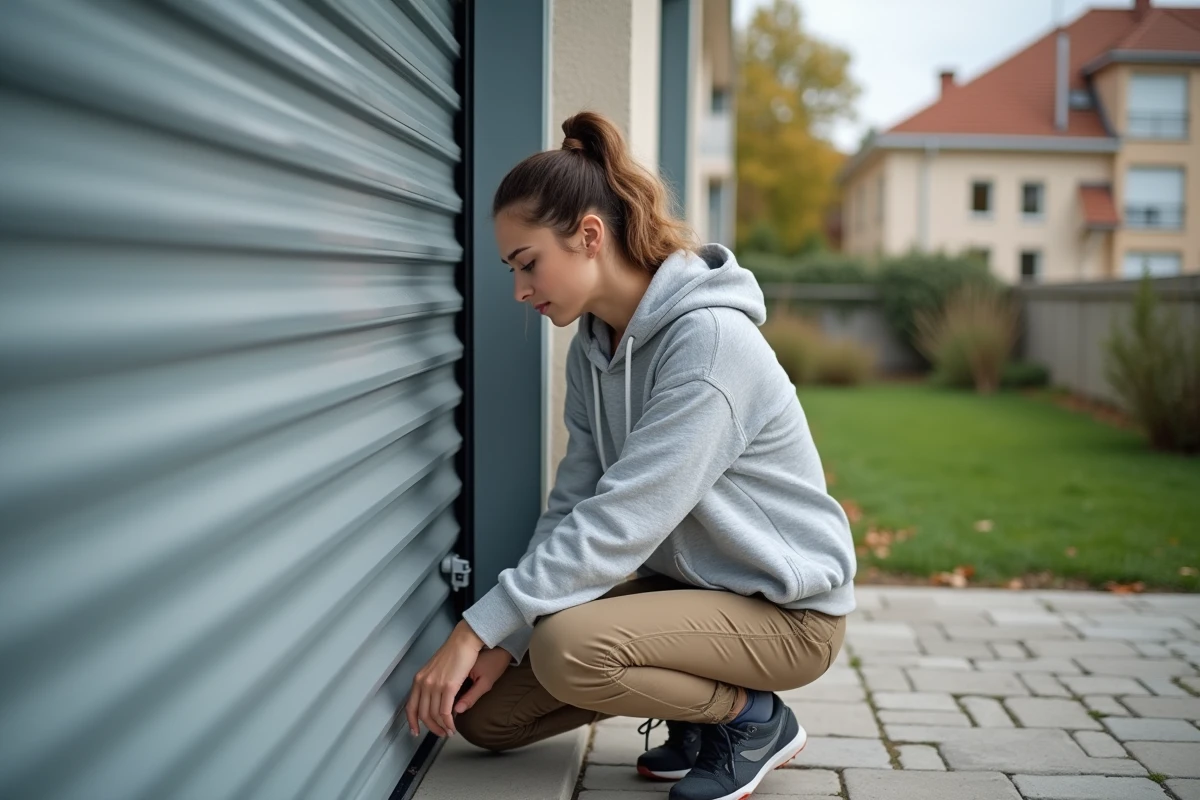 Jeune femme vérifiant un volet roulant extérieur en plein air