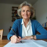 Femme remplissant une attestation de domicile dans un intérieur modeste