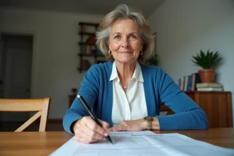 Femme remplissant une attestation de domicile dans un intérieur modeste