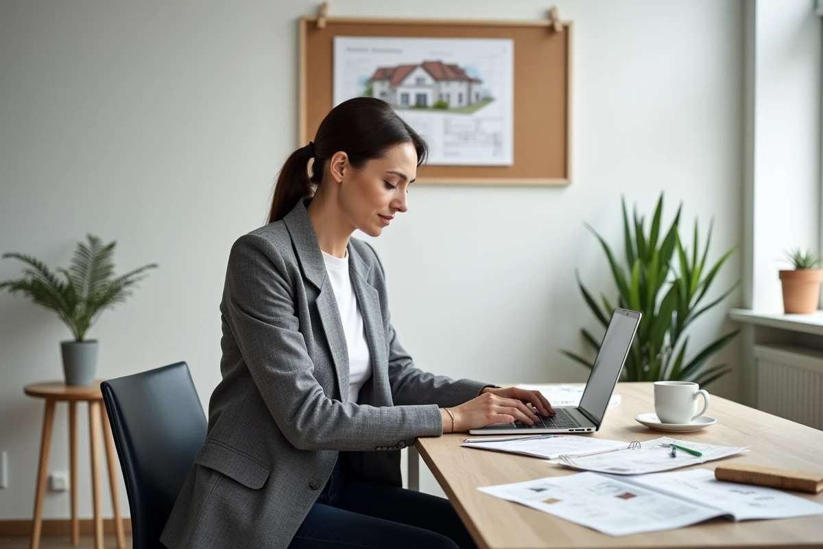 Femme consultant un blog de gestion de travaux sur ordinateur portable dans un bureau à domicile organisé