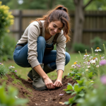 Femme plantant des fleurs sauvages dans un jardin coloré