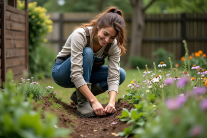 Femme plantant des fleurs sauvages dans un jardin coloré