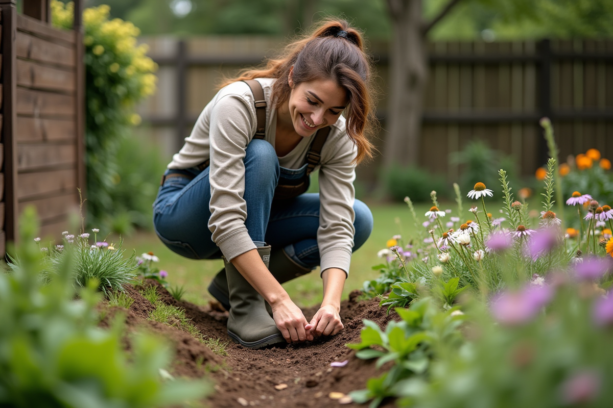 Femme plantant des fleurs sauvages dans un jardin coloré
