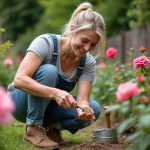 Femme en jardinage fertilisant des roses en extérieur