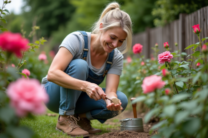 Femme en jardinage fertilisant des roses en extérieur