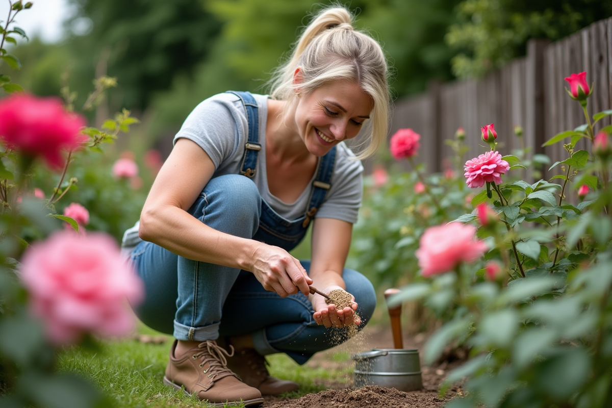 Femme en jardinage fertilisant des roses en extérieur