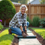 Femme souriante en jardinage pose une toile de paillage