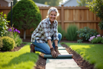 Femme souriante en jardinage pose une toile de paillage