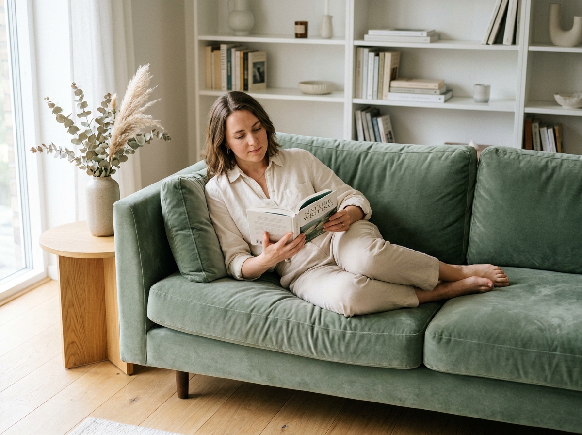 Femme détendue lisant sur un grand canapé en velours vert sauge dans un salon d'inspiration scandinave