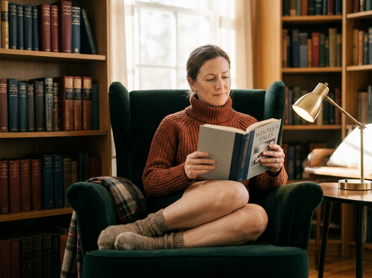 Femme lisant dans un fauteuil en velours vert au sein d'une bibliothèque domestique chaleureuse en hiver