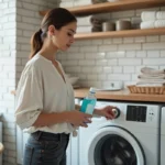 Femme versant de la lessive liquide dans un lave-linge dans une buanderie moderne et familiale