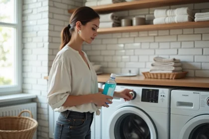 Femme versant de la lessive liquide dans un lave-linge dans une buanderie moderne et familiale