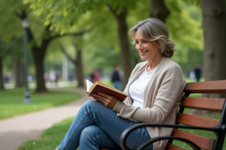 Femme lisant dans un parc urbain verdoyant