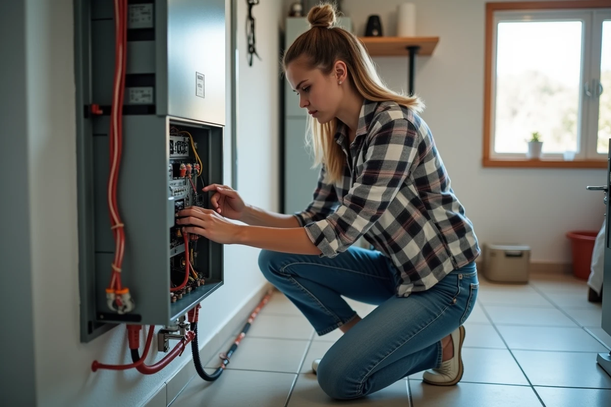 Jeune femme inspectant le panneau de contrôle de chauffage