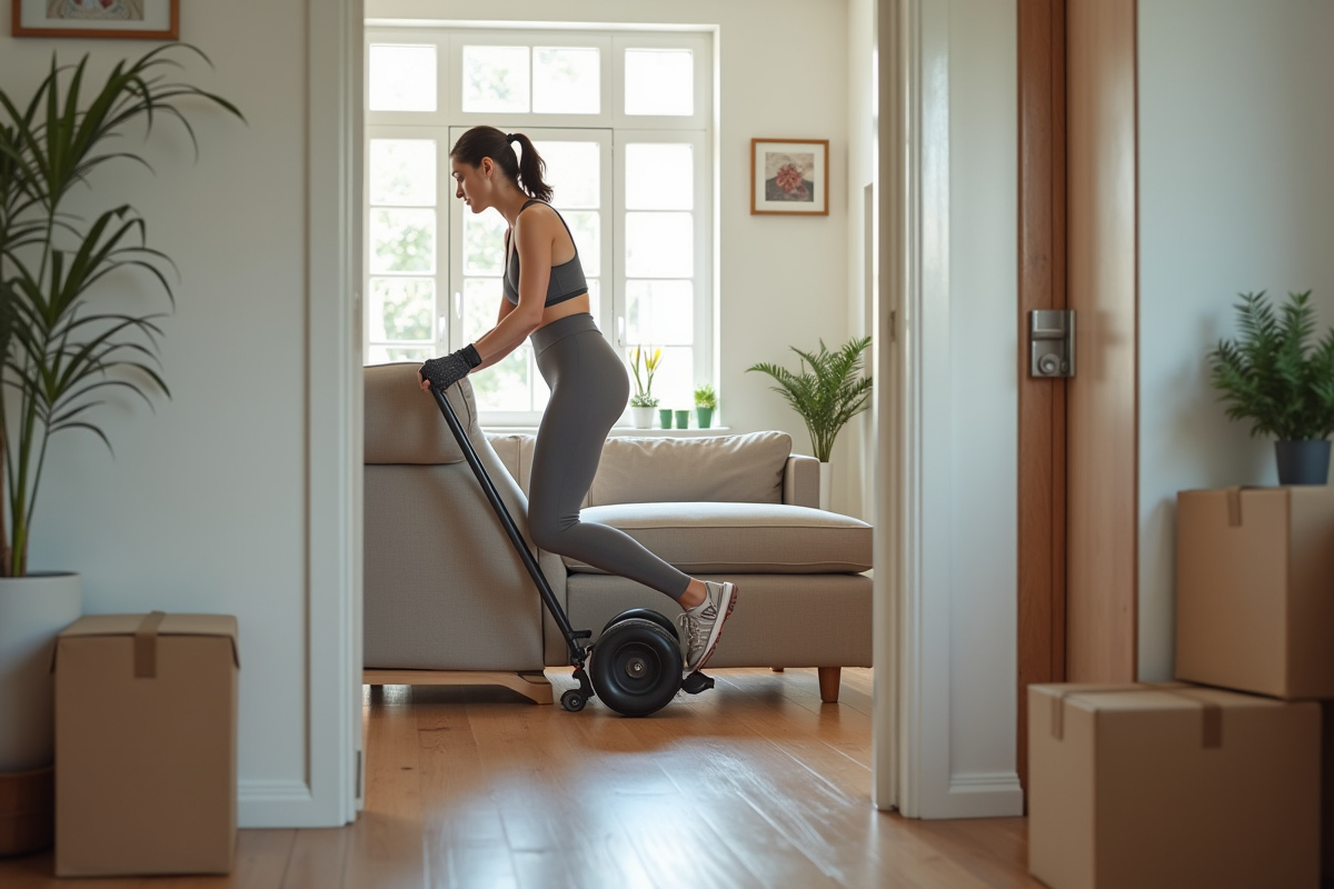 Jeune femme en vêtements de sport déplaçant un canapé avec un chariot