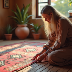 Femme marocaine examine un tapis géométrique coloré