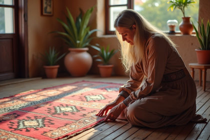 Femme marocaine examine un tapis géométrique coloré