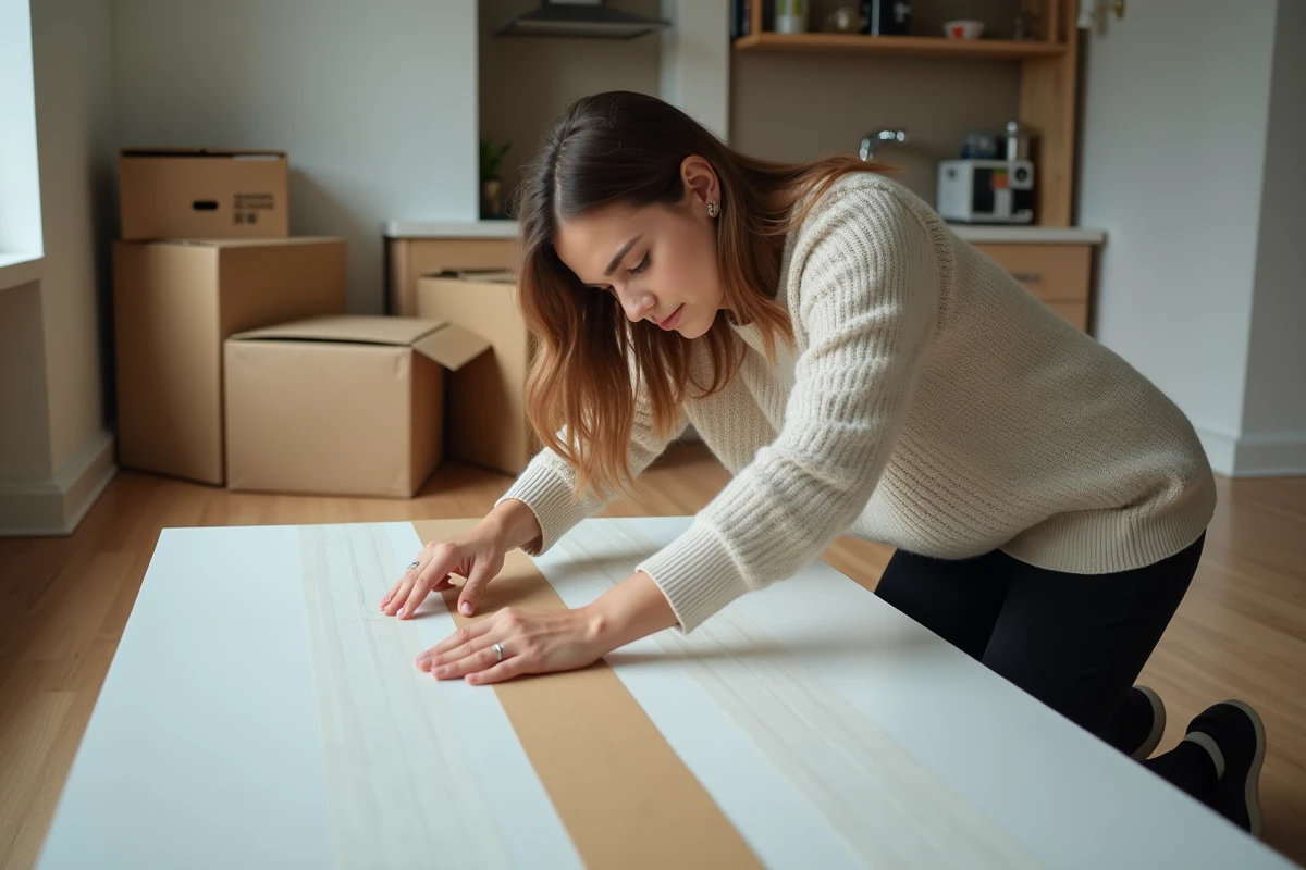 Jeune femme posant du ruban sur une table dans un appartement