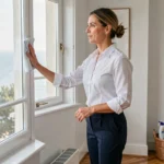 Femme de ménage professionnelle nettoyant une baie vitrée dans un appartement moderne à Biarritz avec vue sur l'océan