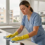 Femme de ménage professionnelle en uniforme bleu nettoyant un plan de travail dans un appartement moderne à Courbevoie