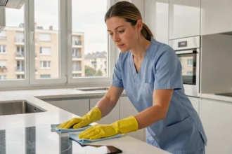 Femme de ménage professionnelle en uniforme bleu nettoyant un plan de travail dans un appartement moderne à Courbevoie