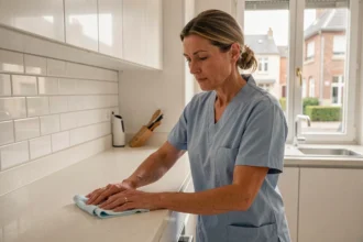 Femme de ménage professionnelle nettoyant le plan de travail d'une cuisine moderne dans un appartement à Ermont