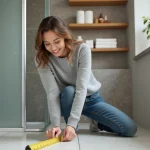 Femme souriante mesurant un petit bain avec un ruban