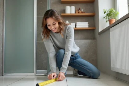 Femme souriante mesurant un petit bain avec un ruban