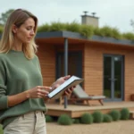 Femme examine plans de maisons modulaires écologiques dehors